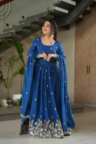 blue chinnon embroidered zari sequins